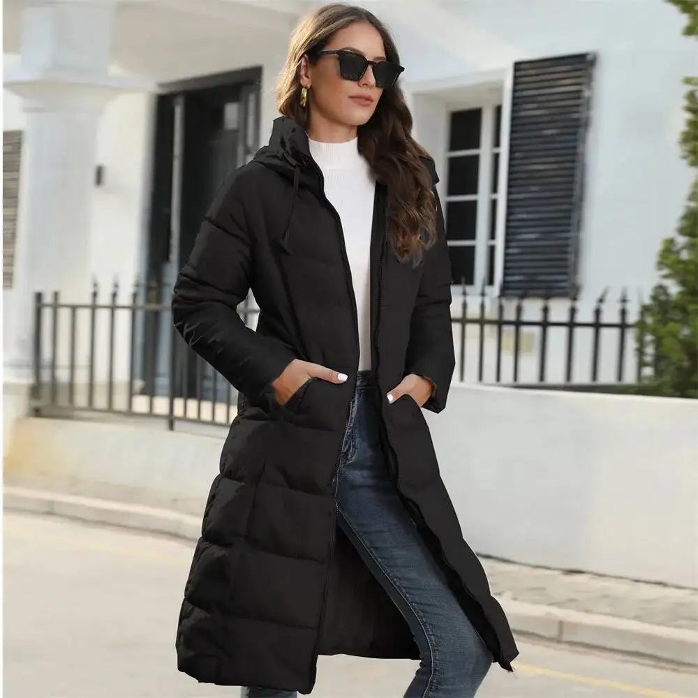 New Hooded Coats Women Medium Long Slim Fit Down Parkas Winter Warm Solid Casual Zipper Coat Stylish Outwear Autumn Jackets