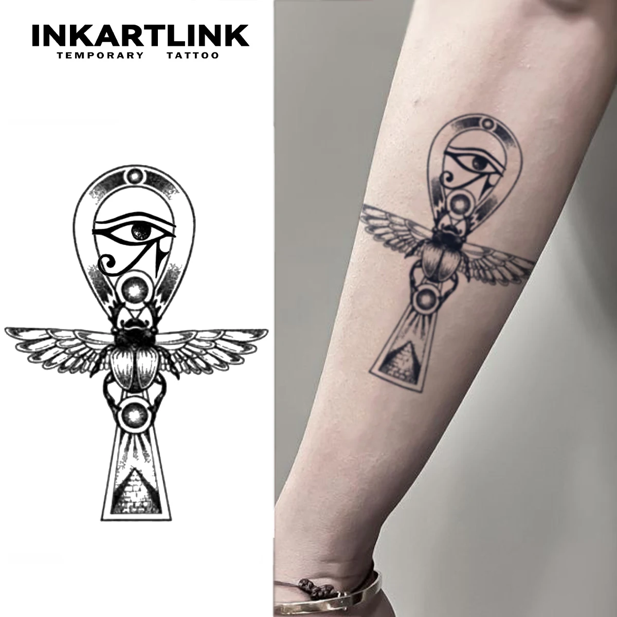 

Временная татуировка древнего египетского символа, Анк с глазом Гора, крыльями скарабана, пирамида, стойкий временный боди-арт