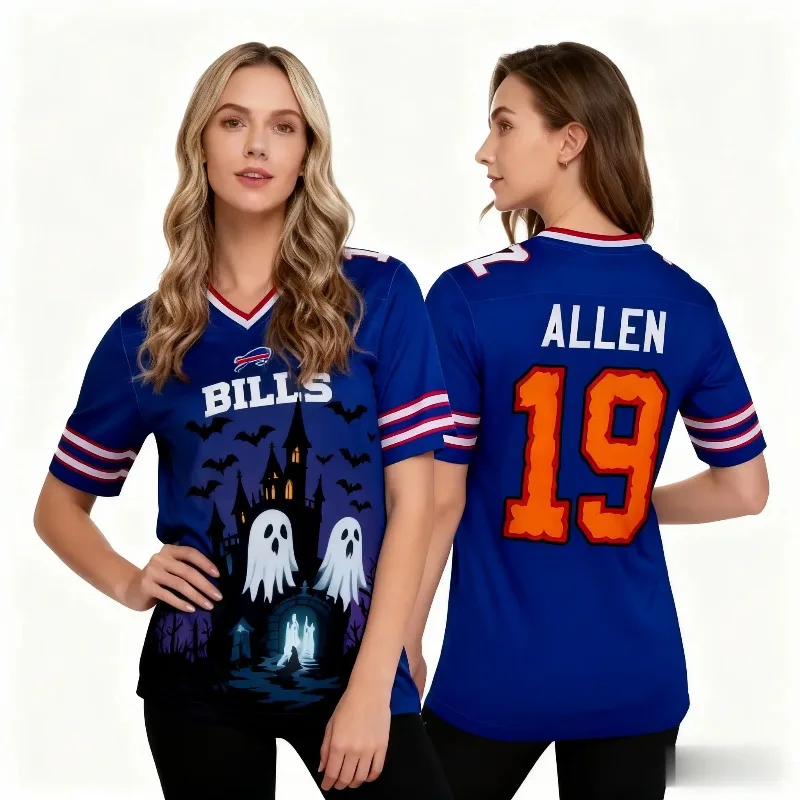

Женская летняя футбольная майка Bills, толстовка для регби на Хэллоуин, замок-призрак, узор с буквенным принтом Allen # 19 повседневных модных топов