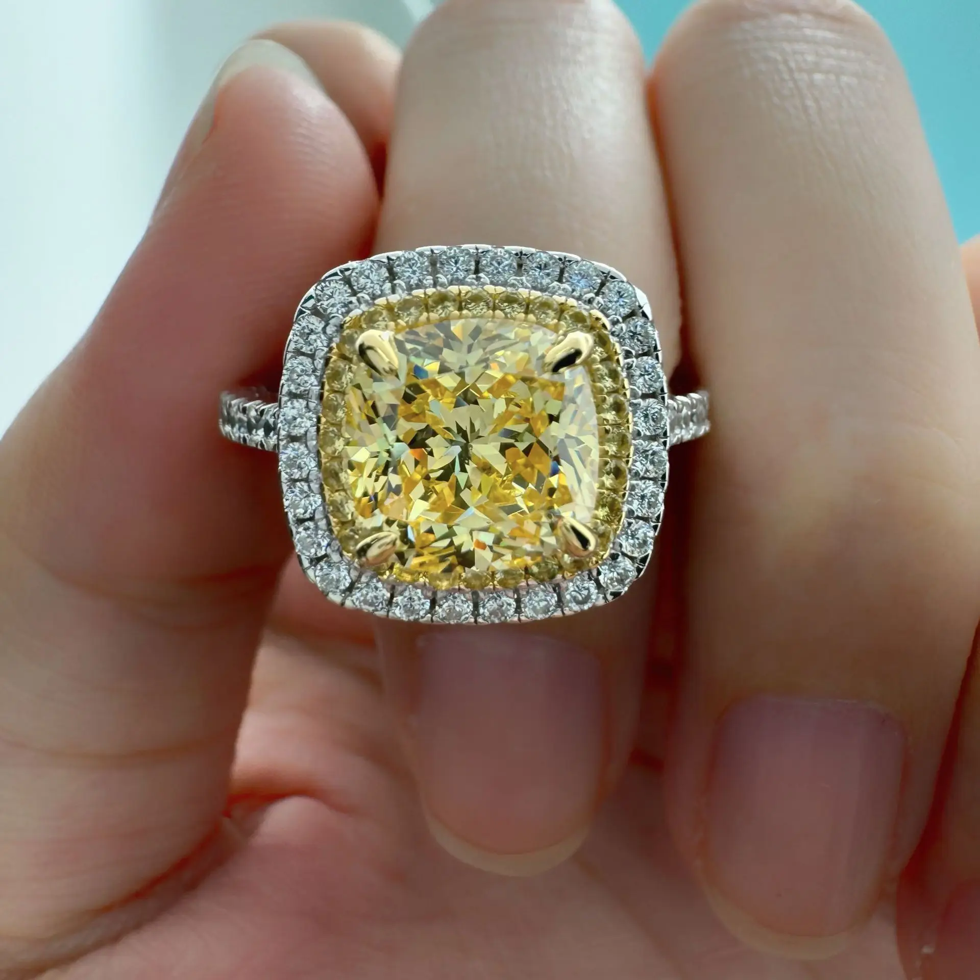 Micro-Pave Double Circle Yellow Diamond 2.5ct Moissanite Ring PT950 Platinum Women-Unique Design, Bright Yellow, Luxury Platinum