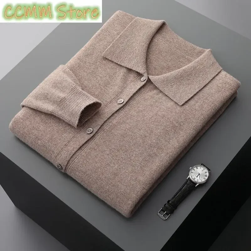 Men's Wool Cardigan Spring Autumn POLO Turn Down Collar Solid Smart Casual Cashmere Sweater Merino Wool Knitwear Fashion