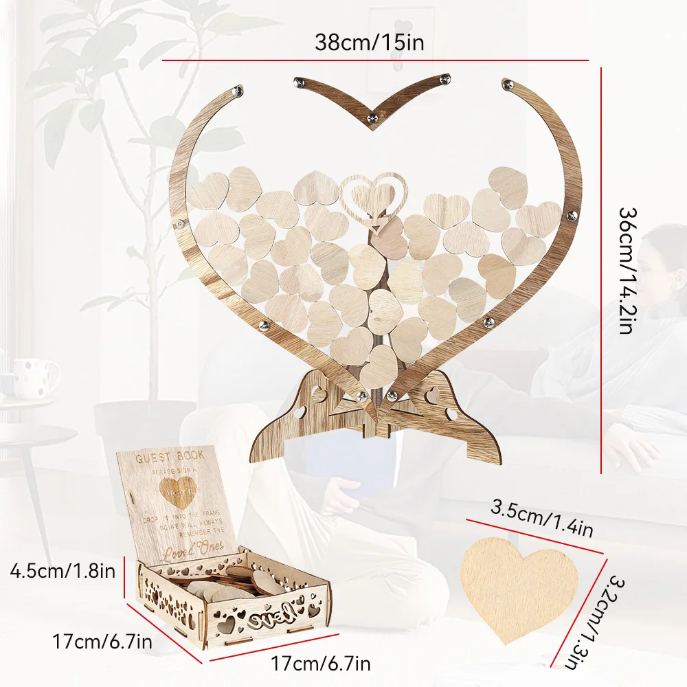 Wooden Heart Shape Guest Book Set with Heart Sign Cards Pens Storage Box Personalized for Weddings Baby Shower Anniversary Party