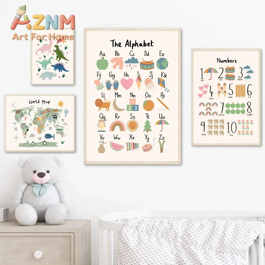 Animal World Map Dinosaur Alphabet Number Canvas Wall Art Painting Poster Prints for Baby Kids Nursery Room Home Decor Pictures