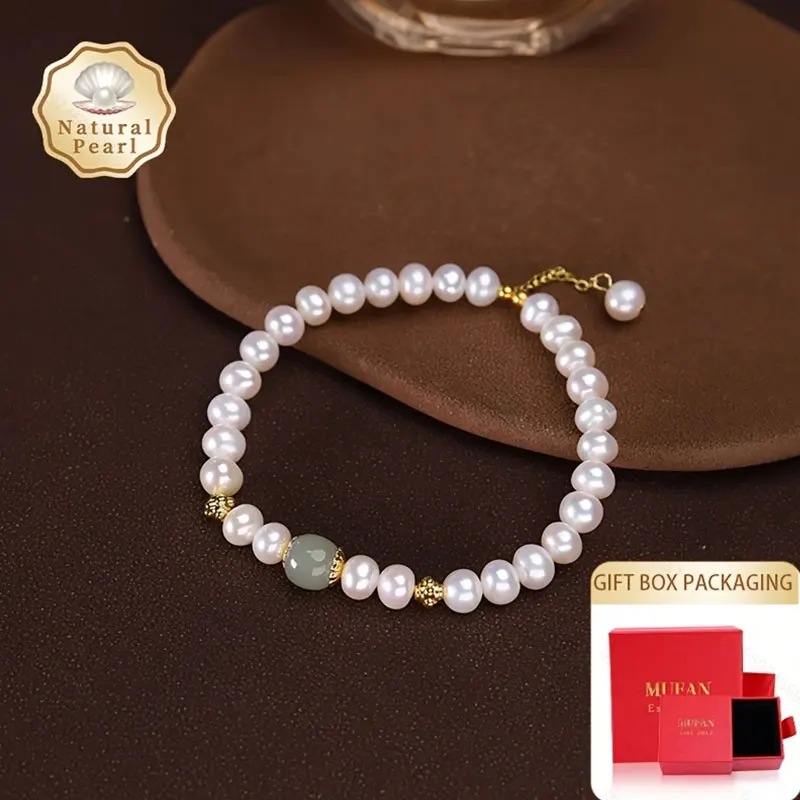 

Mufan Jewelry Natural Freshwater Pearl Bracelet 6-7mm White near round Elastic Cord Design Artistic Style New Year Gift Box Set