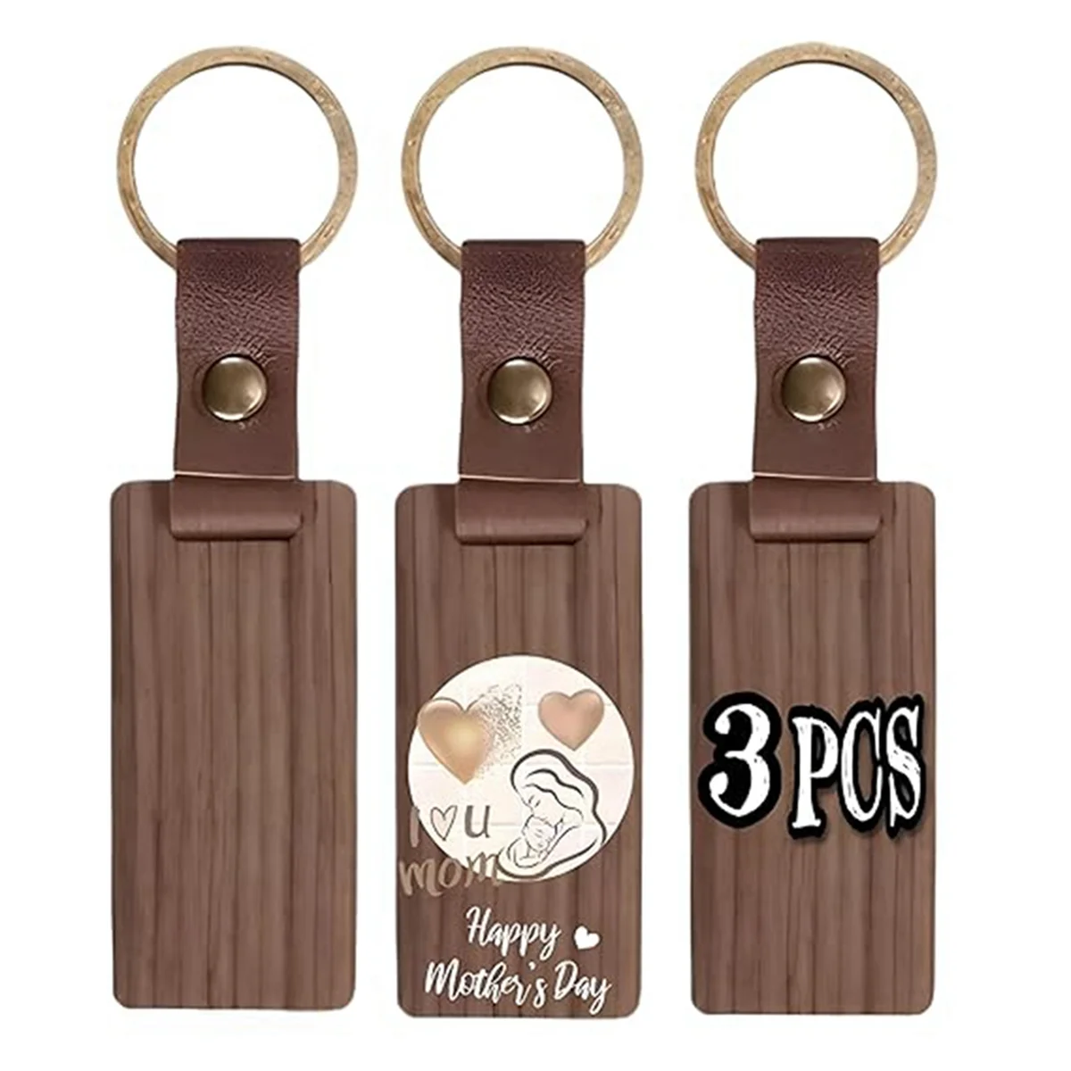 ELBA_Multi-Pack Wood Keychain Blanks Unfinished with Strap Keychain 3Pcs