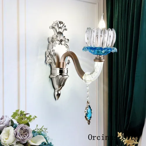

European luxury blue crystal wall lamp living room corridor bedside lamp French creative glass romantic wall lamp