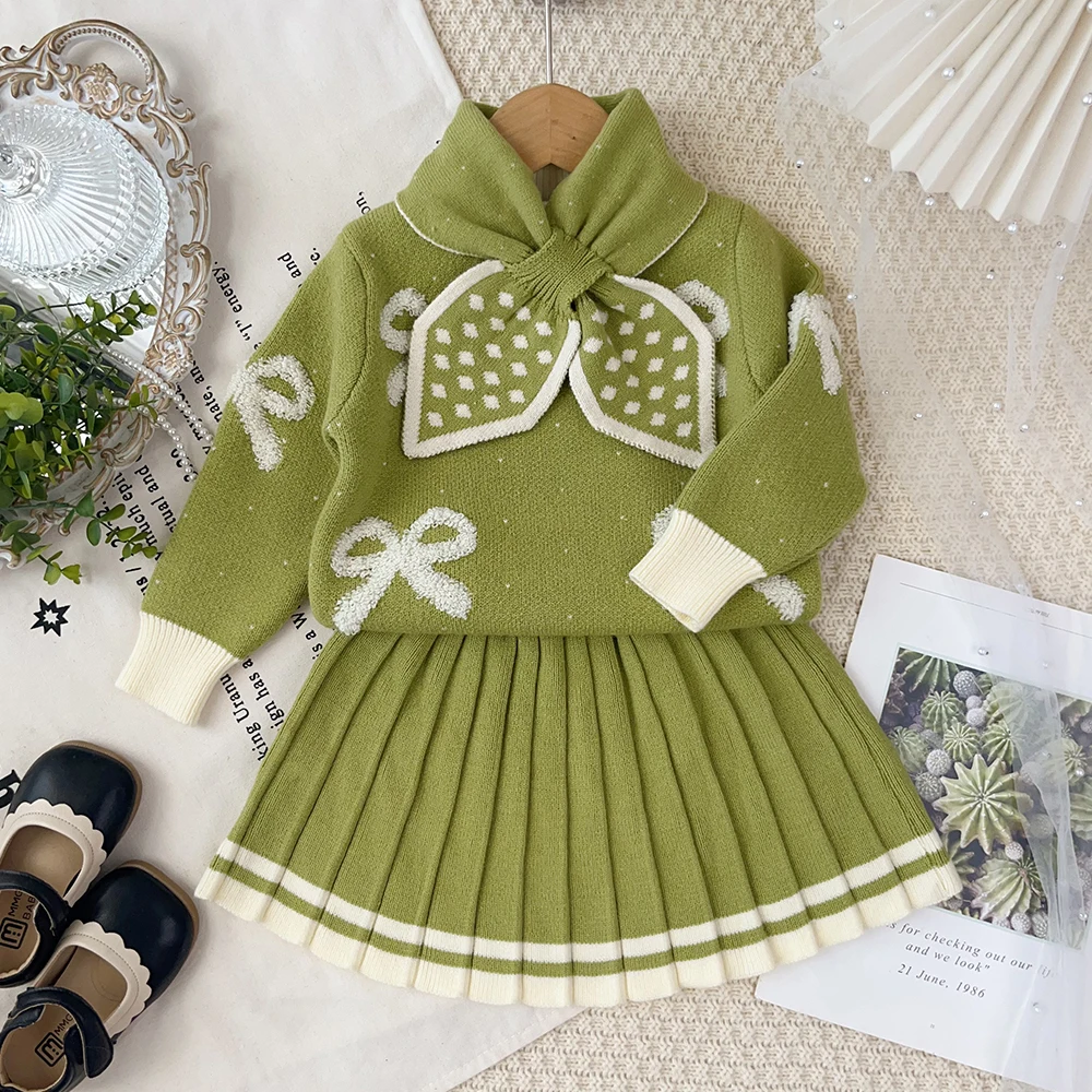 Autumn and Winter College Style Girls Clothes Knitted Sweater Kids Two-piece Set Sweet Bow Print Lapel Long Sleeved Top+Skirt