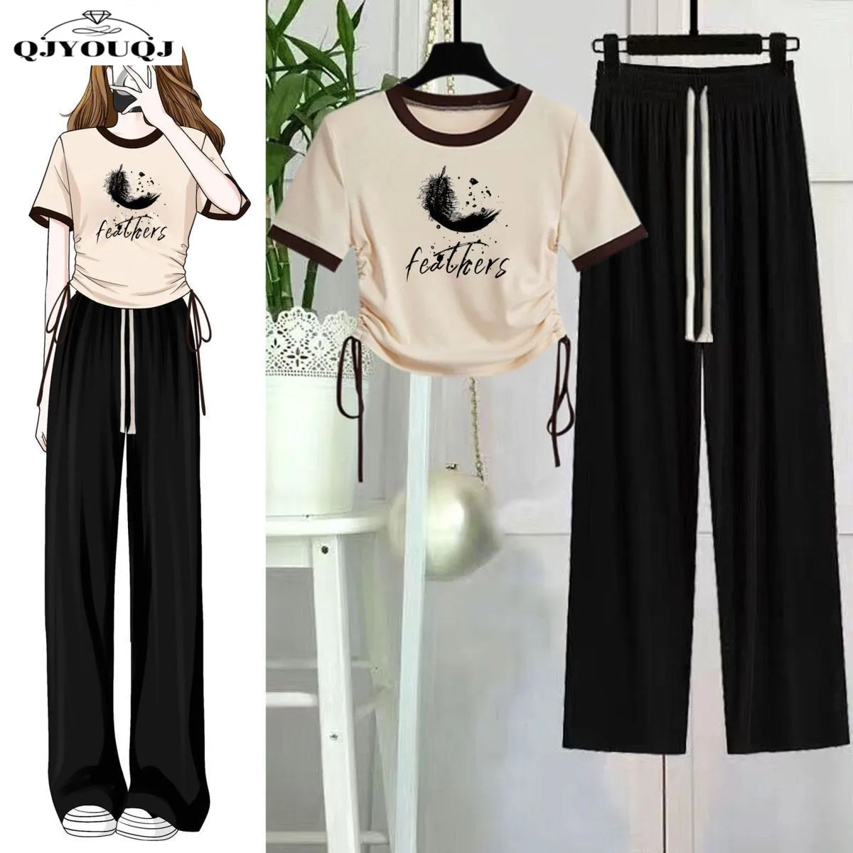 

Fashion Casual Set for Women 2024 New Korean Spring/summer Slim Fit Short Top+ice Silk Wide Leg Pants Two-piece Set