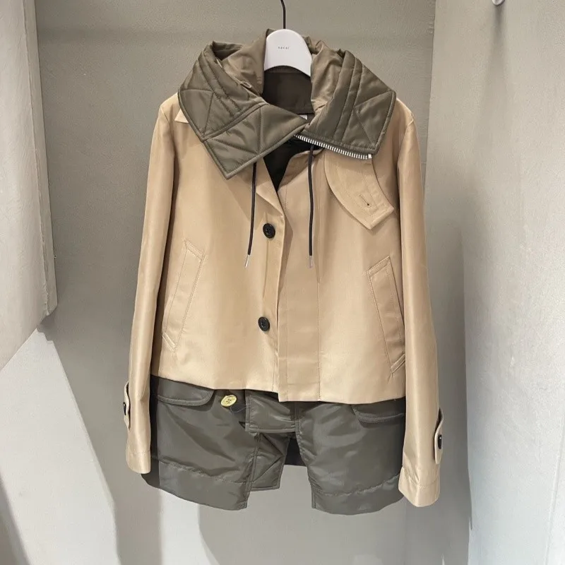 25 Autumn/Winter New Style Patchwork Contrasting Color Hooded Windbreaker Coat Loose Patchwork Casual Top Women's Trendy Item