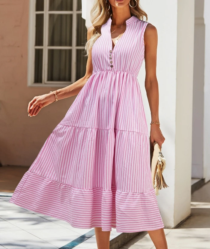 Medium Length Skirt for Women 2024 Summer V-Shaped Collar Striped Dress Temperament Commuting Sleeveless Long Skirt