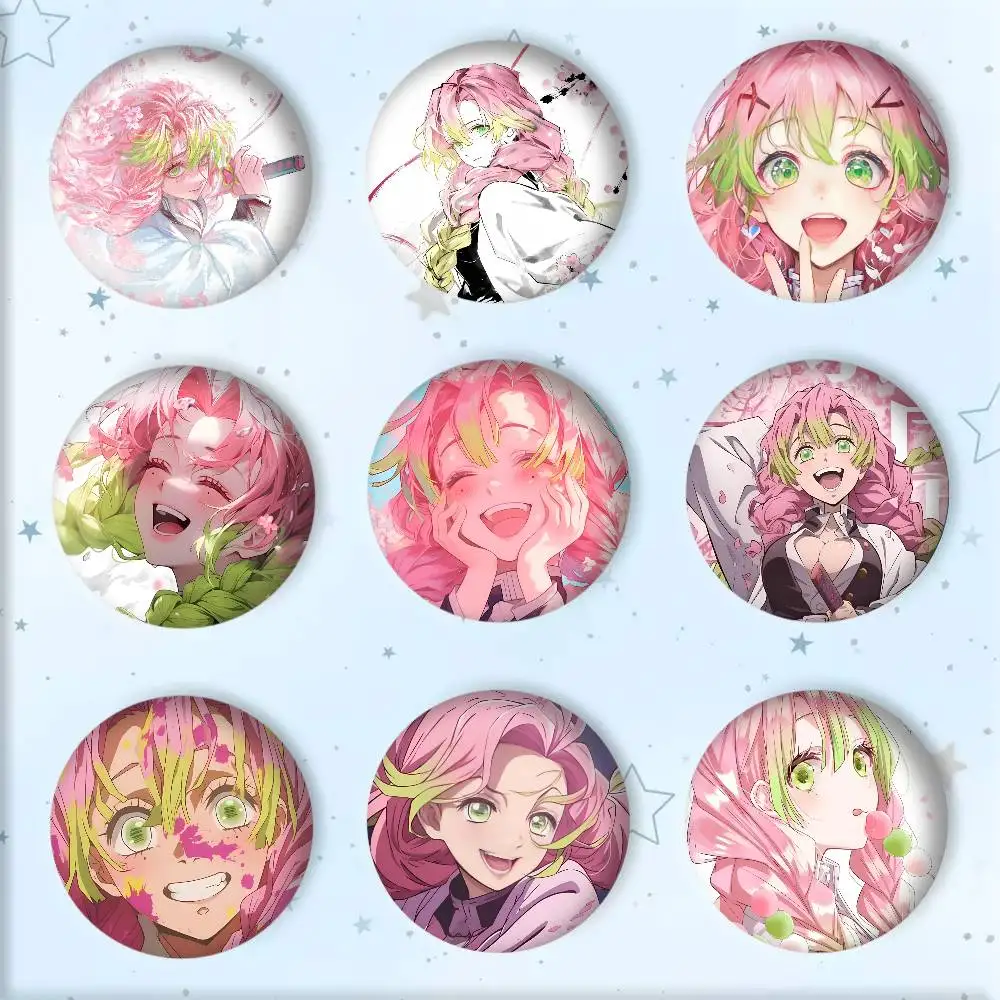 Japanese Anime Characters K-Kanroji M-Mitsuri Badge Tinplate Round Laser Brooch Clothes Backpack Accessories Lapel