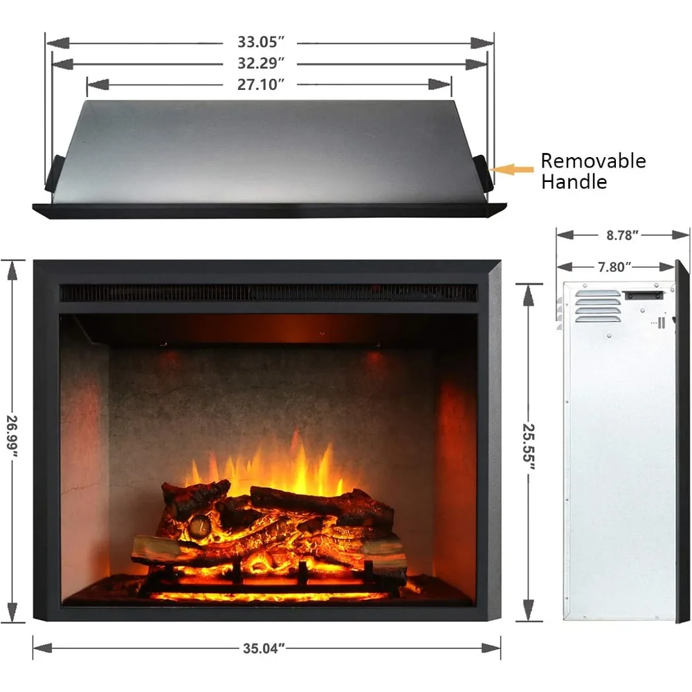 33 polegadas, inserção de lareira elétrica Edward com som de crackling de fogo, interior de concreto resistido, controle remoto, 750/1500W