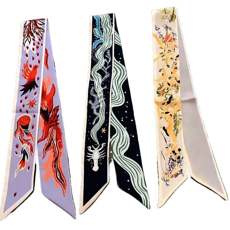 Four Seasons Floral Phoenix Scarf Women Decorate Gift Handbag Handle Wrap Ribbon Hair Band Wholesale European American Design