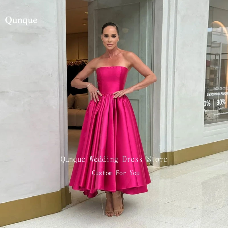 

Qunque Fuchsia Satin A Line Prom Dresses Sexy Sleeveless Pleat Long Evening Gowns vestidos de fiestas elegantes mujer Customized