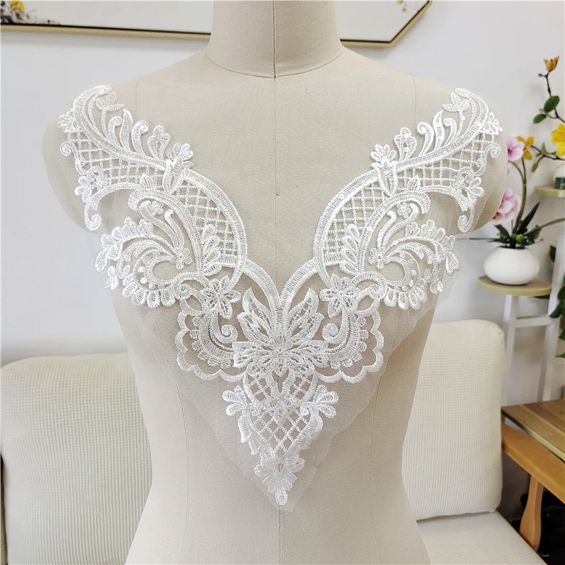 1Piece Lace Handmade Applique DIY Bridal White Lace Neckline Collar Fabric Patch