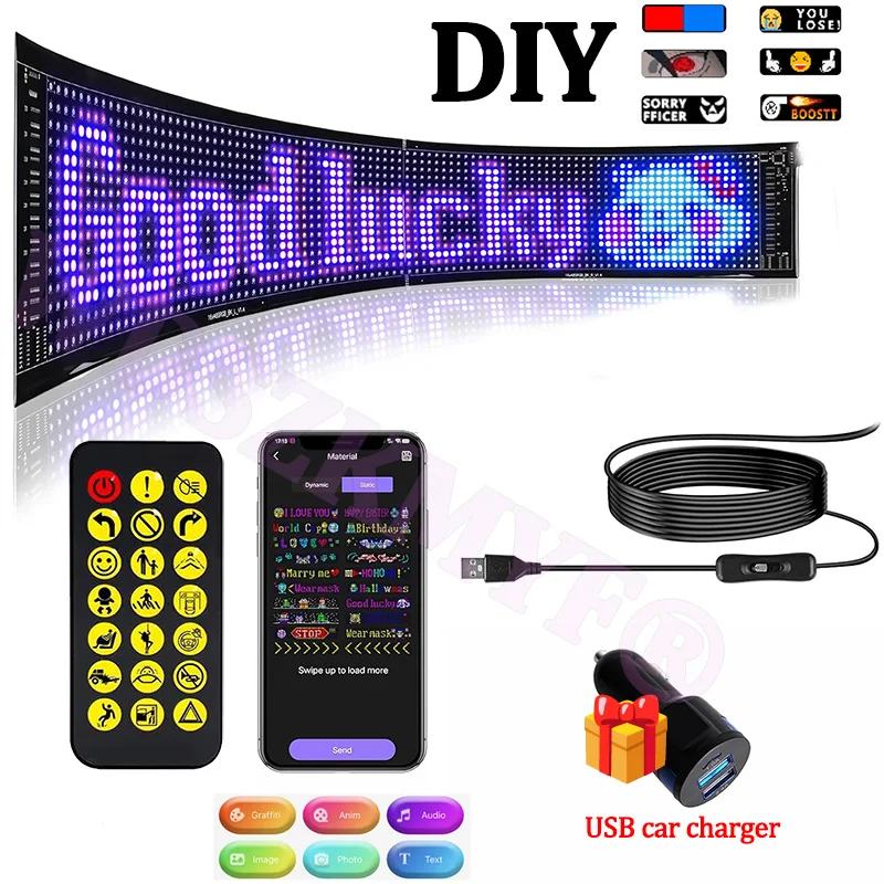 12*60 Elastyczny ekran USB 5V LED Znak samochodowy Kontrola aplikacji Bluetooth, panel pikseli LED z matrycą punktową, przewijane jasne reklamy