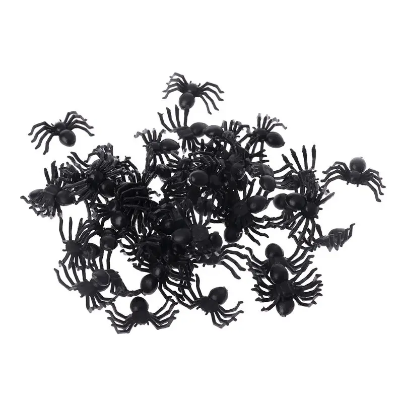 50Pcs Small Black Plastic Fake Spider Toys Funny Joke Prank Props Halloween Decor Indoor Outdoor