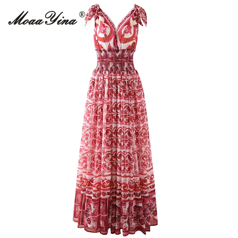 MoaaYina Summer Fashion Runway Vintage Safflower Porcelain Printing Dress Women V Neck Sleeveless Elastic Waist Maxi Long Dress