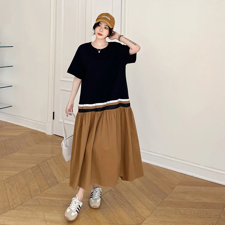 Grande taille couleur Blo ort Sve T-irt Maxi Dr décontracté rue Sle tricoté coton mélange été nouveauté Dr