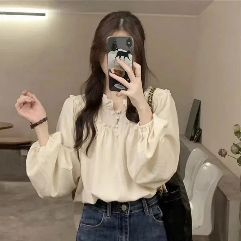 بلوزات نسائية أنيقة هاراجوكو بمزاج بسيط عتيق للربيع رائجة البيع بلوزات فضفاضة تناسب كل مباراة أساسية متينة بأكمام طويلة أنيقة