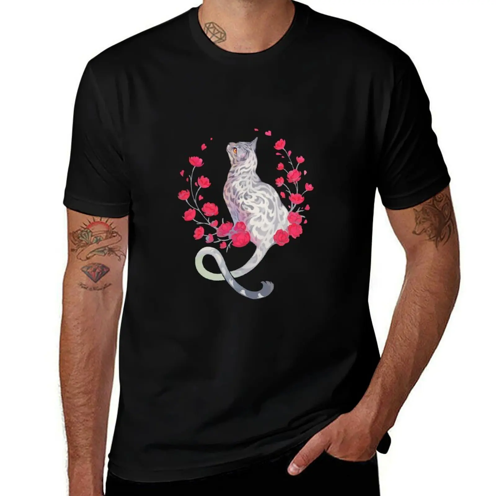 Silver bengal cat with red flowers T-Shirt Daily Wear Plain Short Sleeve Shirt