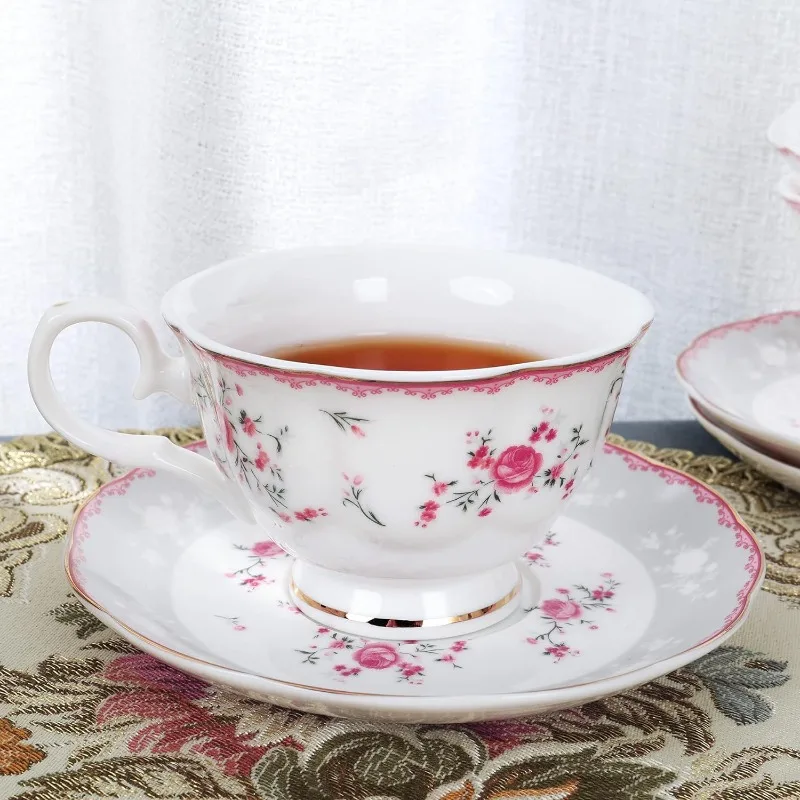 Pink Rose Tea Cup and Saucer Set for 6, British Vintage Afternoon Cup Set, Porcelain Coffee Cup with Gold Border, 5 oz