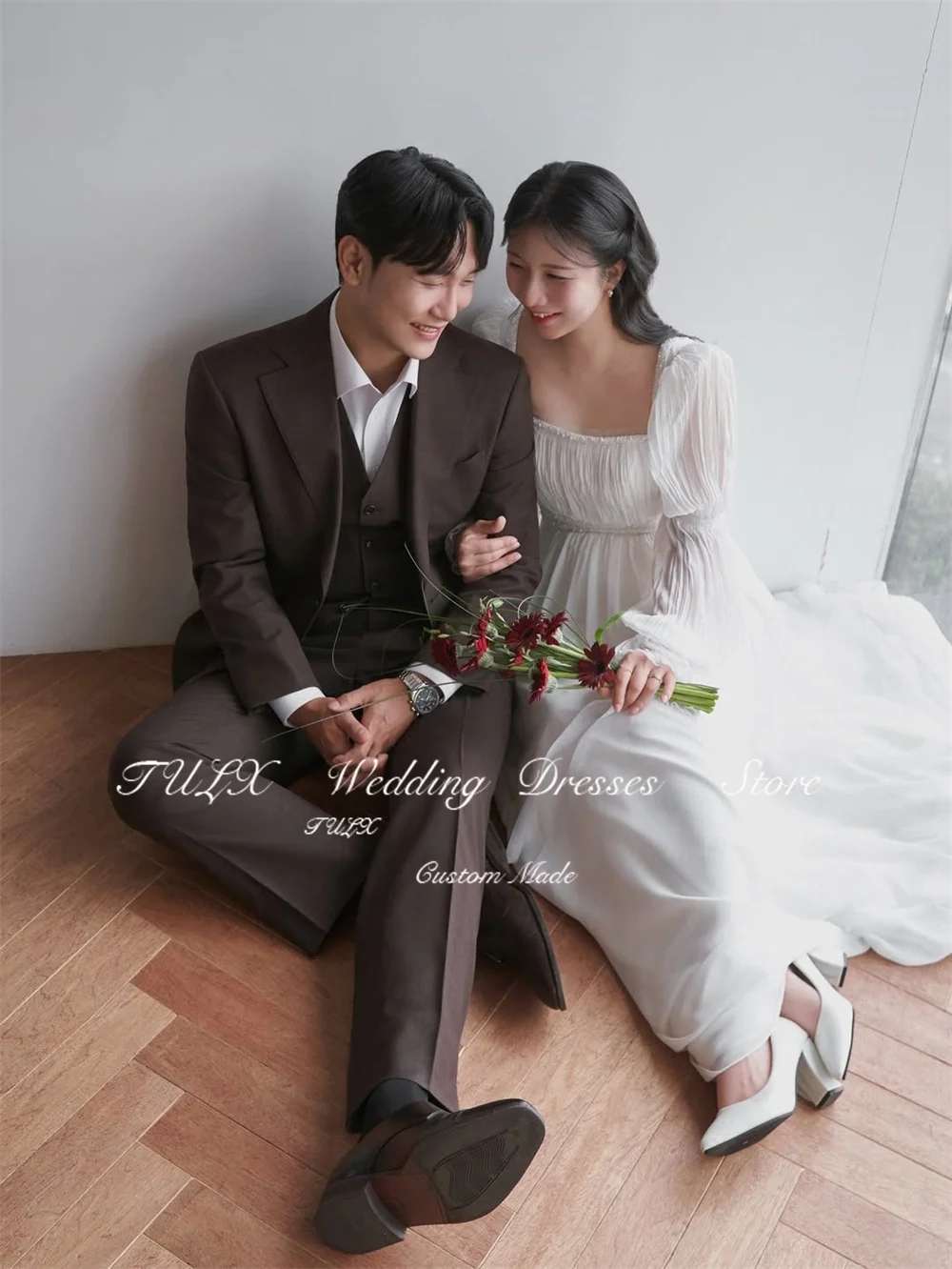 TULX Avorio Chiffon A line Abito da sposa lungo Corea Servizio fotografico Colletto quadrato Manica lunga Abiti da sposa Personalizzato Garona 2026