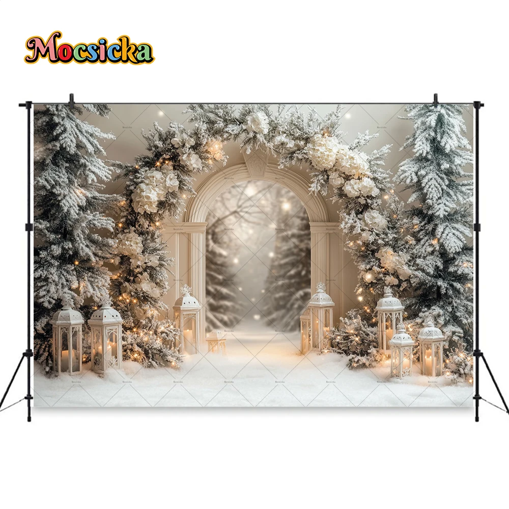 Fond de photographie de Noël d'hiver pour fille, arc de pays des merveilles, porte, lanterne, Noël, fleur, forêt, toile de fond, ALTERPhotozone Studio