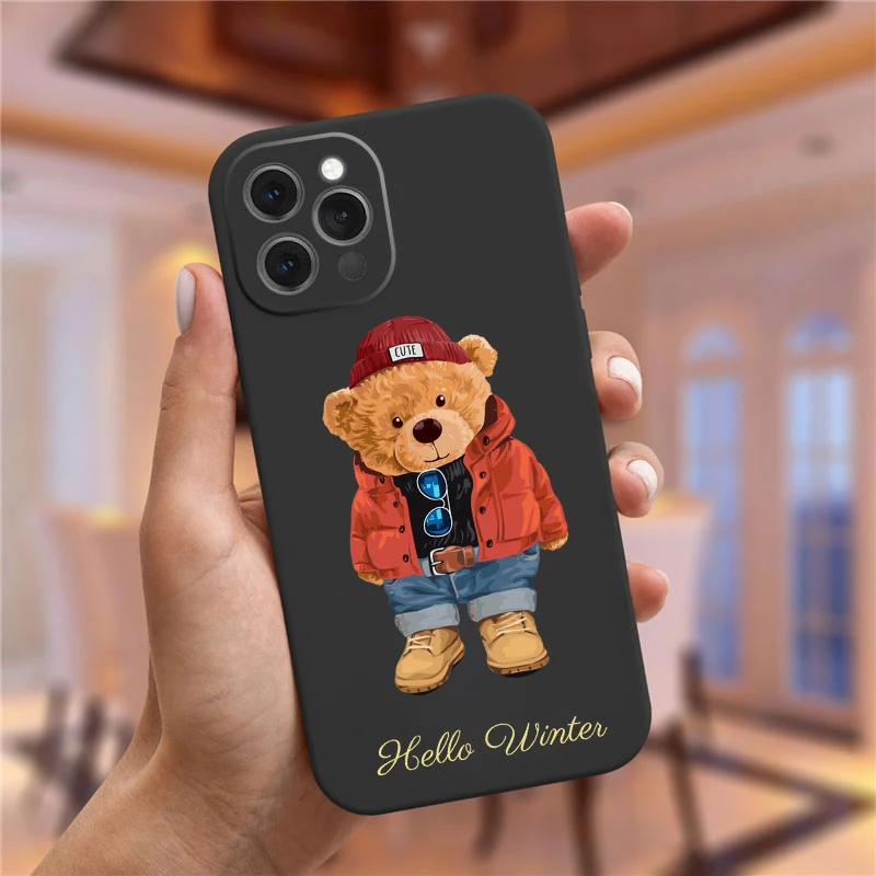 Fashion Brand Bear Phone Case For iPhone 16 Pro 11 12 13 14 15 Pro Max XR XS Max 16Plus Cute Black frosted Cover Trend Fundas