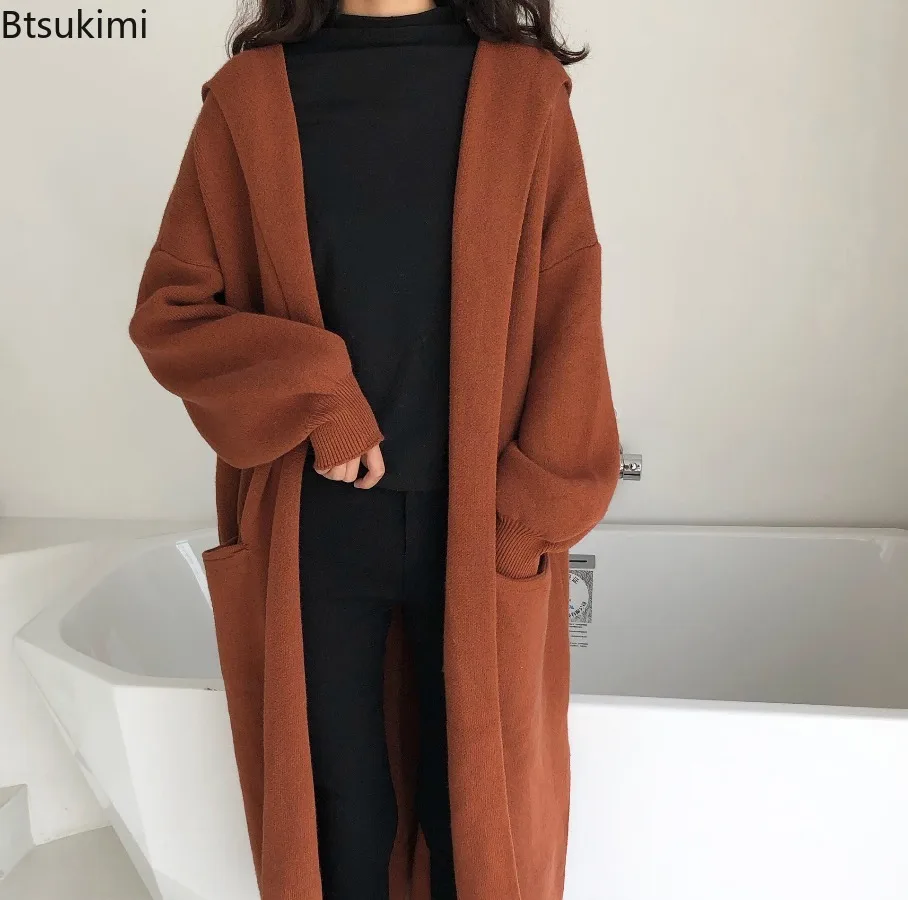 

New Women's Korean Style Lazy Knitted Open Cardigan Loose Hooded Coat Knee-Length Thick Autumn and Winter Fashion Casual Sweater