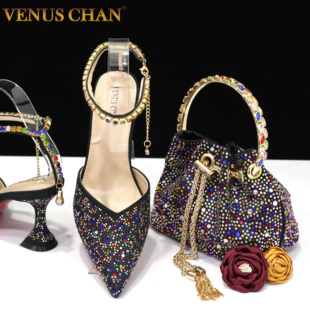 Venus Chan 2023 Italian Design Luxury Women\'s Shoes And Bag Set, Full Diamond Decoration Metal Closure Bag