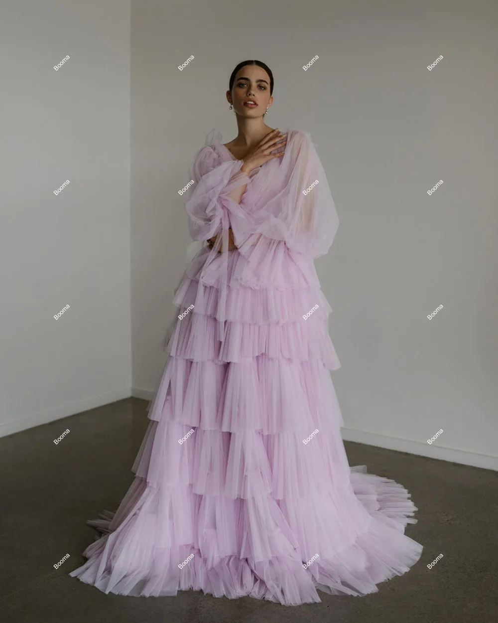 Booma Light Purple Tiered Tulle Wedding Dresses V Neck Long Puff Sleeves Brides Party Gowns for Women Floor Length Bridals Dress