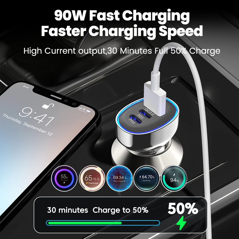 Elough 90W USB Type C Car Charger Fast Charging USB PD Quick Charge 3.0 Car Charger Cigaret Socket For Xiaomi iPhone Realme
