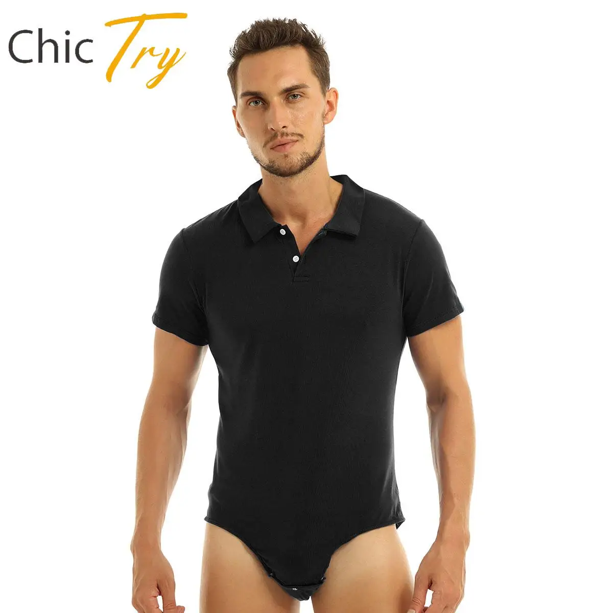 Um pedaço Bodysuit manga curta gola virada para baixo camisas dos homens pressione botão virilha Romper leotards pijamas Underwear Catsuit