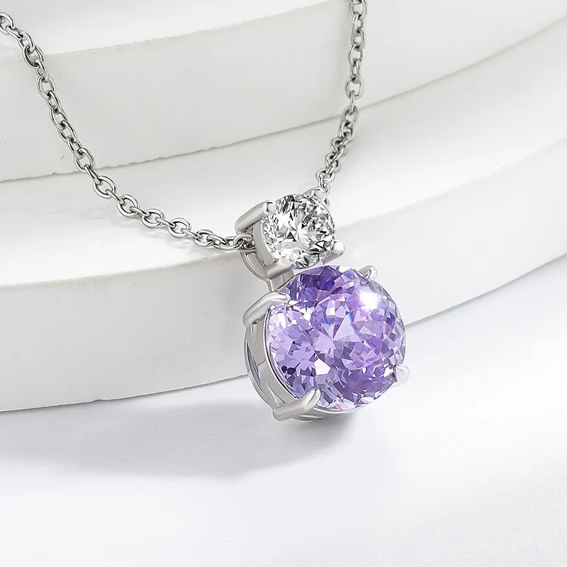 925 Sterling Silber Lila Amethyst Anhänger Halskette für Damen, 5A Kubikzirkonia Hochzeit Party Schmuck, Elegante Schlüsselbeinkette – Detail 4
