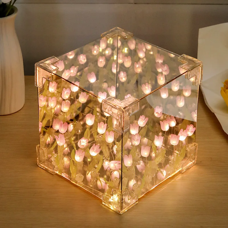 DIY Tulip Mirror Cube Lamp Simulation Flower Bedroom Sleeping Table Lamp Handmade Craft 30 Tulips Mirror Night Light Christmas