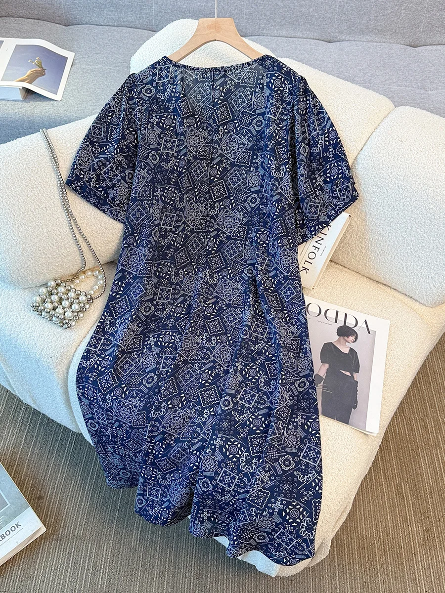 150 kg grote maten dames buste 155 zomer los trendy retro hoge taille a-lijn bloemenjurk marineblauw 5XL 6XL 7XL 8XL 9XL