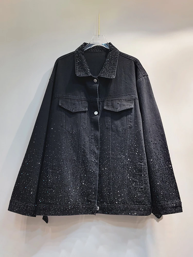 DEAT Women Denim Coat Turn-down Collar Full Diamonds Hot Rhinestone Black Loose Single Breasted Jackets 2024 Summer New Fashion