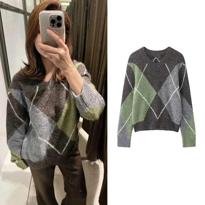 

Pullover Women's Sweater Spring 2026 New Fashion Diamond Plaid Elegant Warm Women's Pullover Chic Young Long-Sleeved Pullover