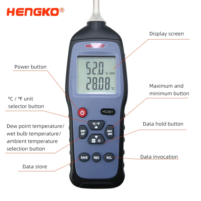 HENGKO Industrial USB Portable Wireless Handheld Temperature Humidity Meter with Replaceable Probe for Warehouse