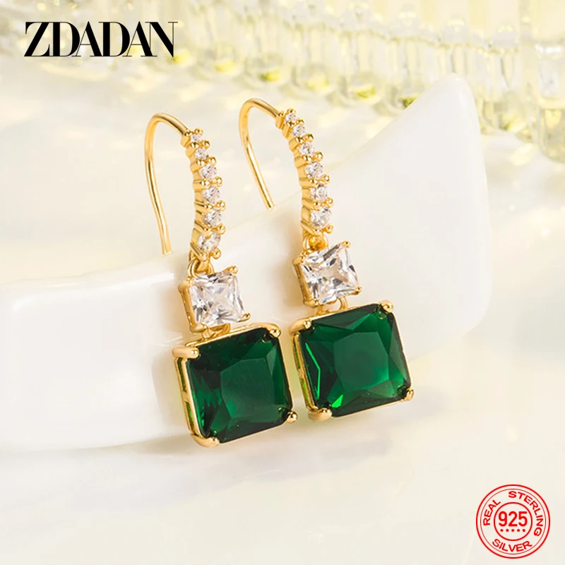 

ZDADAN 925 Silver 18K Gold Square Emerald Drop Earrings For Women Wedding Jewelry