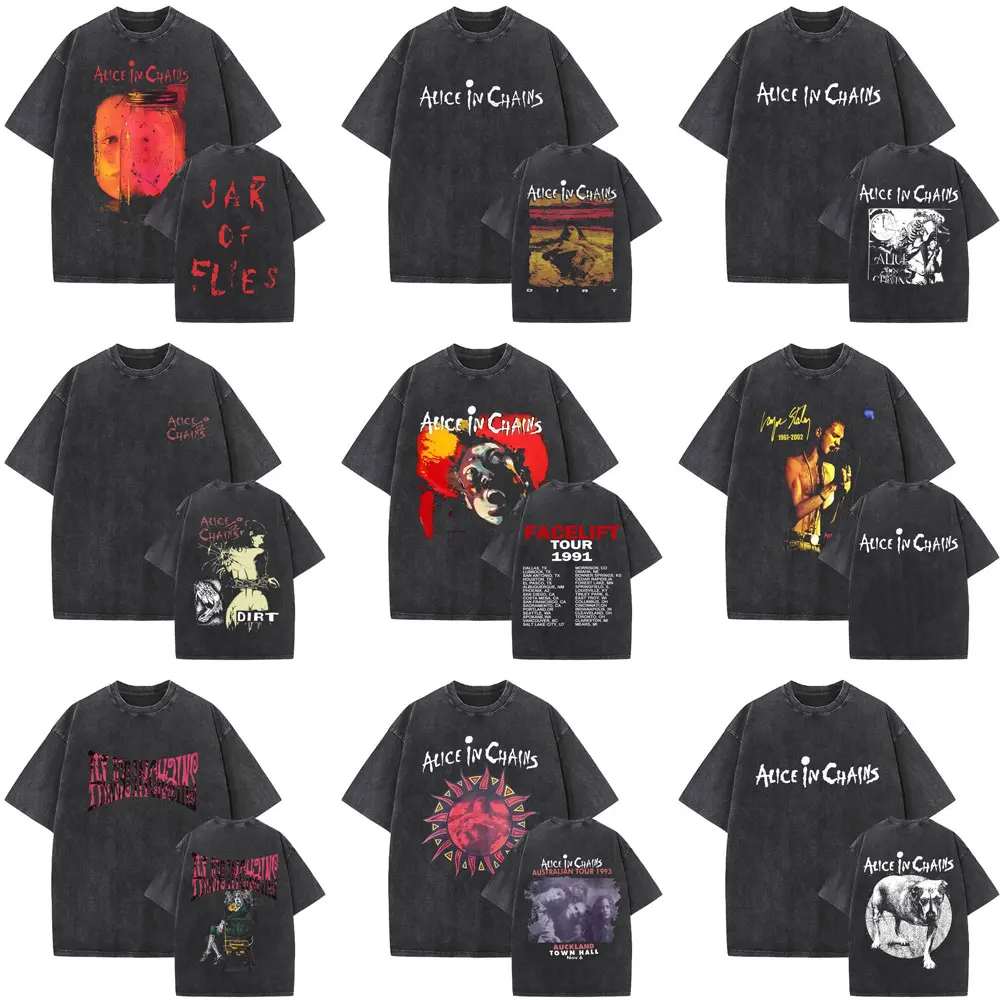 90s Rock Band Alice in Chains Washed Vintage T-shirts Men Women Gothic Punk Oversized T Shirts Men's Fashion Retro Streetwear