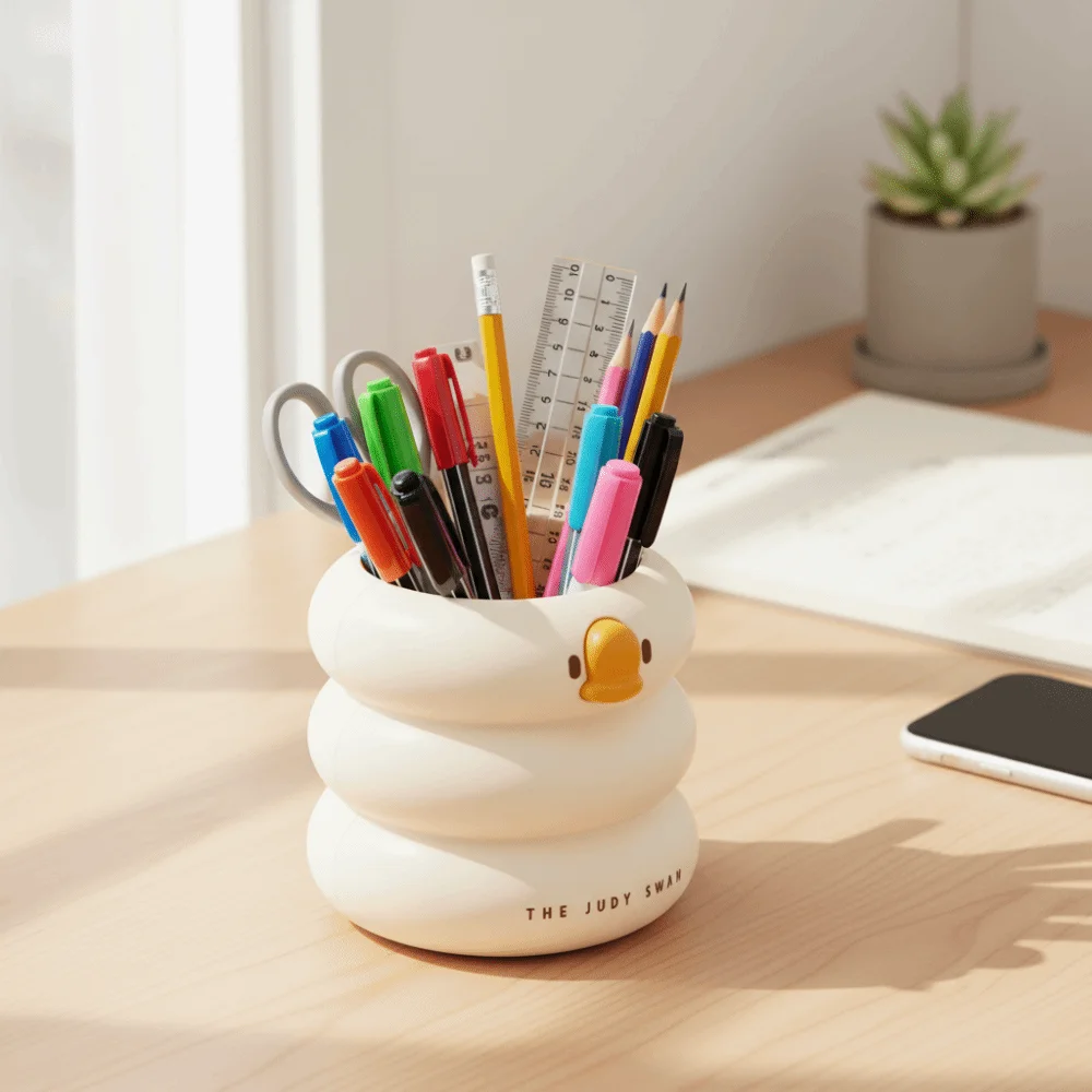 Large-capacity Duck-Shaped Desk Organizer Cartoon Design Ice Cream Theme Makeup Brush Holder Duck Shape Multi Functional