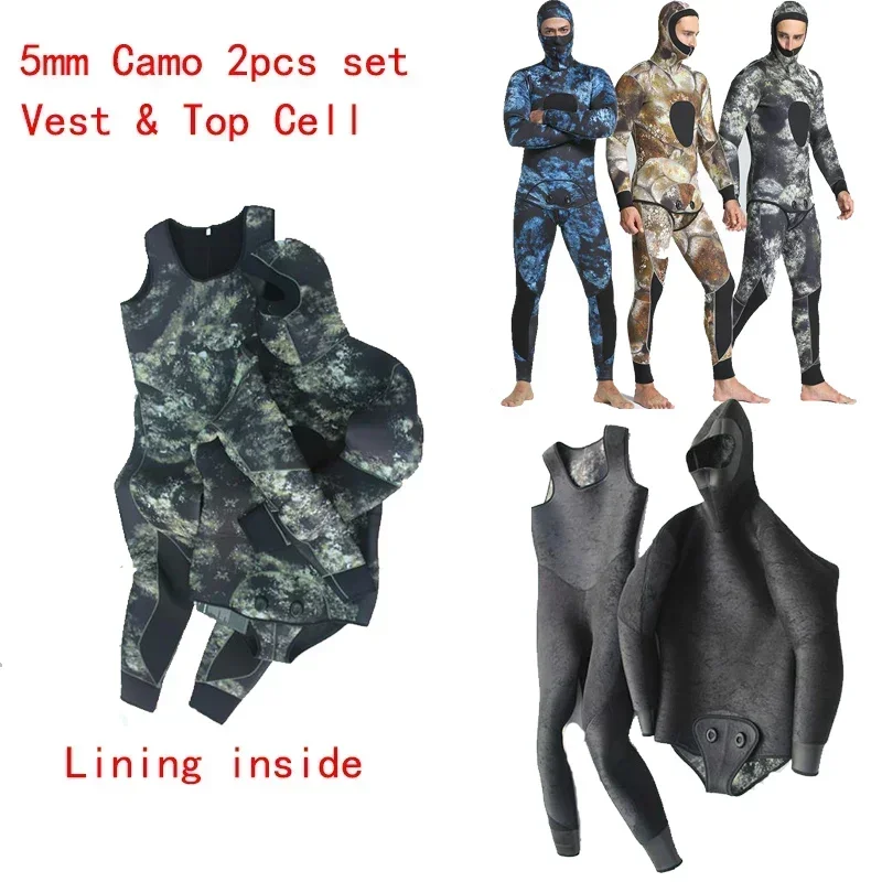 Wetsuit Men 5mm Neoprene Spearfishing Scuba Diving Suit Camouflage 2pieces Keep Warm Fishing Surfers with Chloroprene