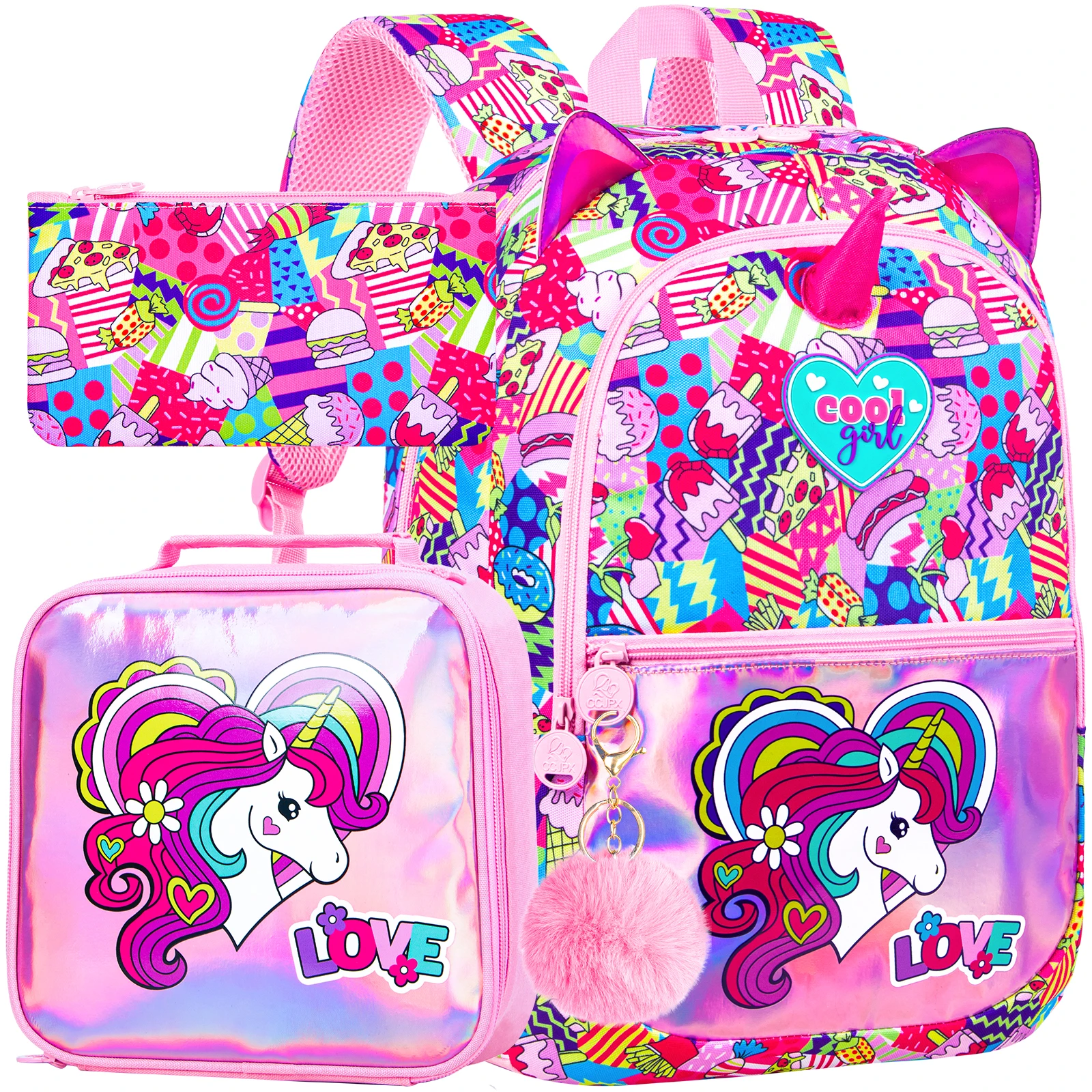 

Рюкзак с изображением единорога для девочек, 3 шт., 16,5-дюймовый детский радужный рюкзак с коробкой для обедов, легкий набор рюкзаков для детского сада/дошкольных учреждений