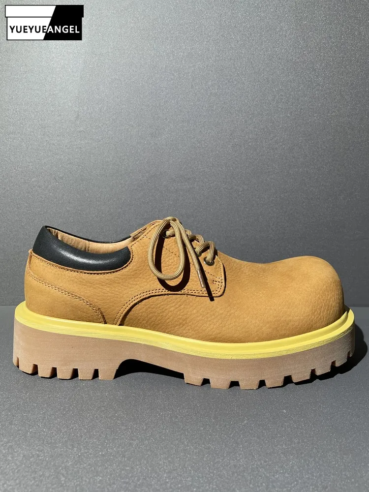 

Mens Round Toe Thick Platform Cowhide Genuine Leather Work Shoes Vintage Business Casual Motorcycle Biker Riding Safety Shoes