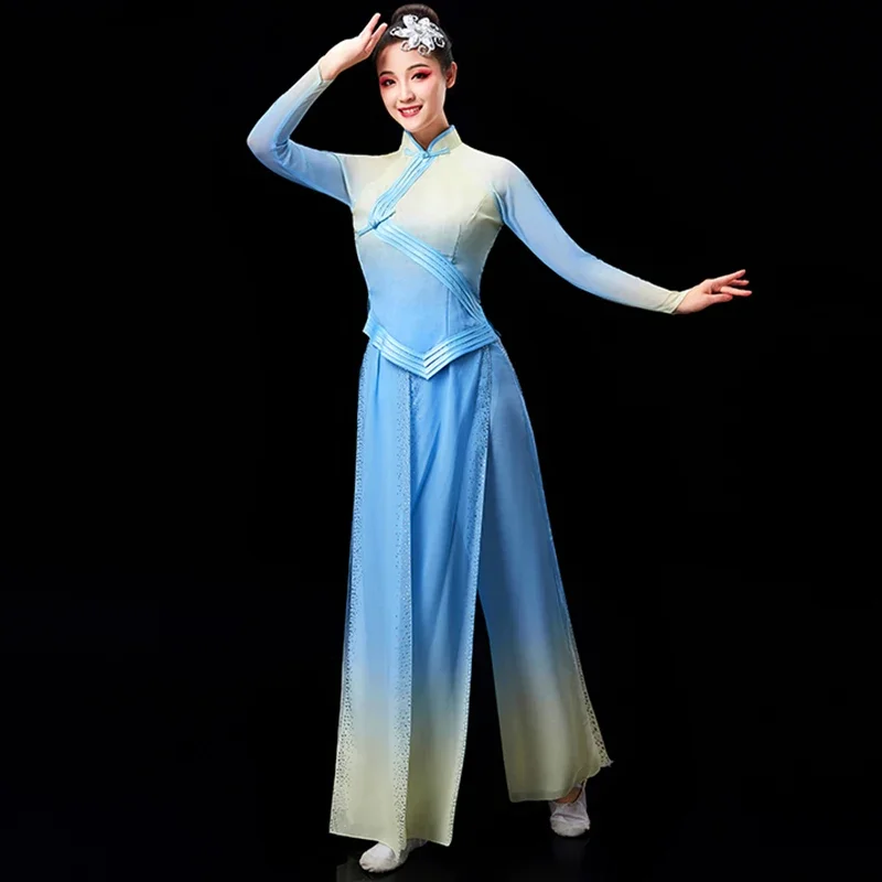 전통 중국 의류 여성 고대 Yangko 민속 무용 팬 블루 의상 의상 여성 yangge 춤 댄스 옷 드레스