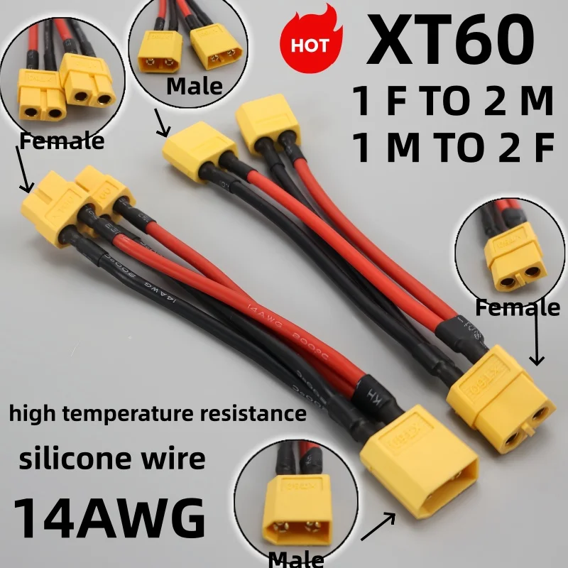XT60 1 Buchse auf 2 Stecker / 1 Stecker auf 2 Buchsen Paralleles Y-Splitter-Kabel 14AWG Silikonkabel für RC Lipo Akku ESC FPV Drohne