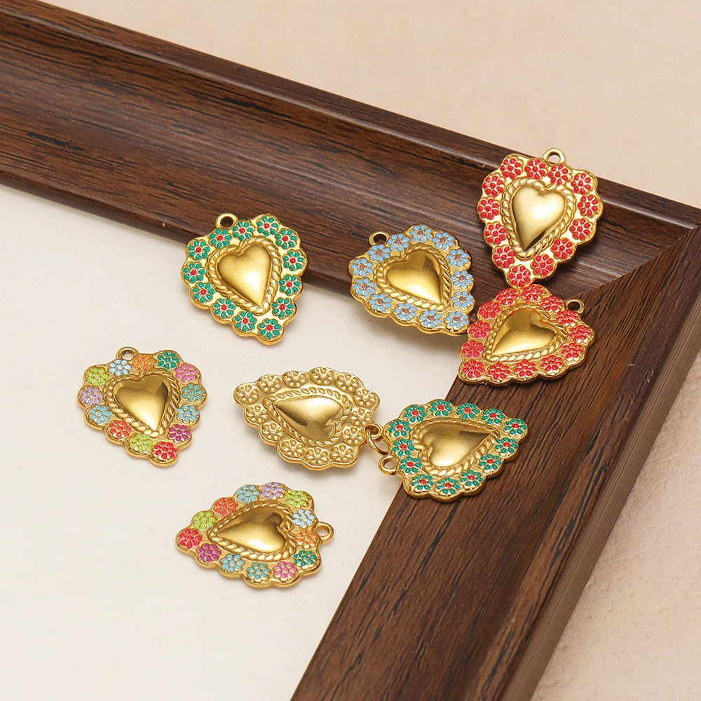 5 Stück Edelstahl-Herzanhänger mit Emaille-Blumen-Charms für DIY Vintage-Schmuckherstellung, Zubehör für Halsketten, Armbänder und Ohrringe – Detail 5