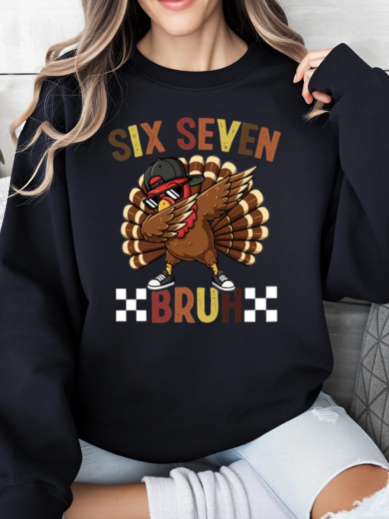 

Turkey Dabbing Six Seven Bruh Print Thanksgiving Sweatshirt Women Casual Holiday Wear Black Plus-Size